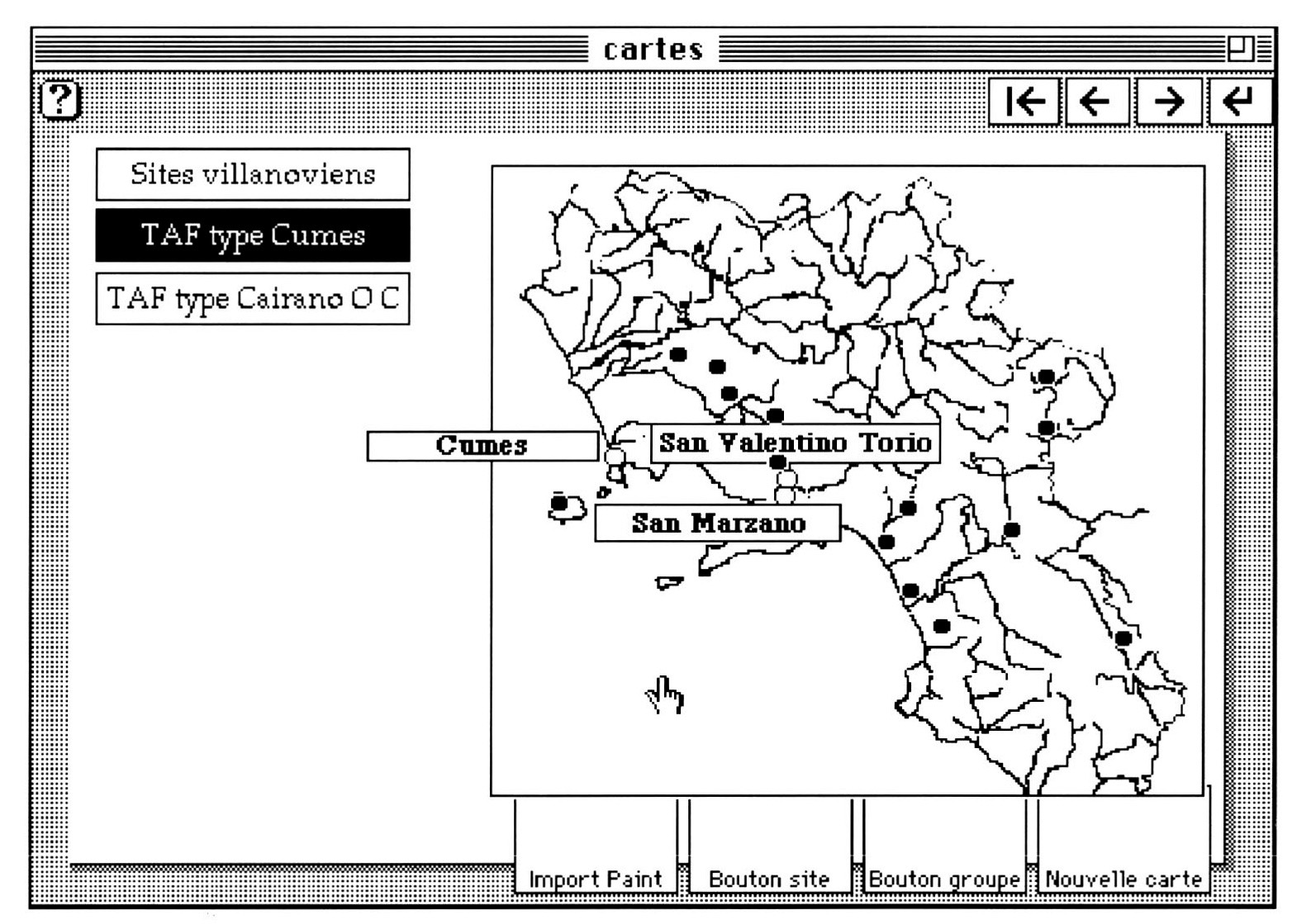 Fig. 9 - Sur la carte de Campanie, chaque point noir corre pond à un site sur !eque! il suffit de cliquer l'our en faire apparaìtre le nom. Un second click sur le nom permet d'accéder a la fiche site correspondant. On peut faire apparaìtre plusieurs sites à la fois en créant très facilement des groupes de sites comme dans !es cas présent !es sites de la Culture des Tombes à Fosse de type Cumes.