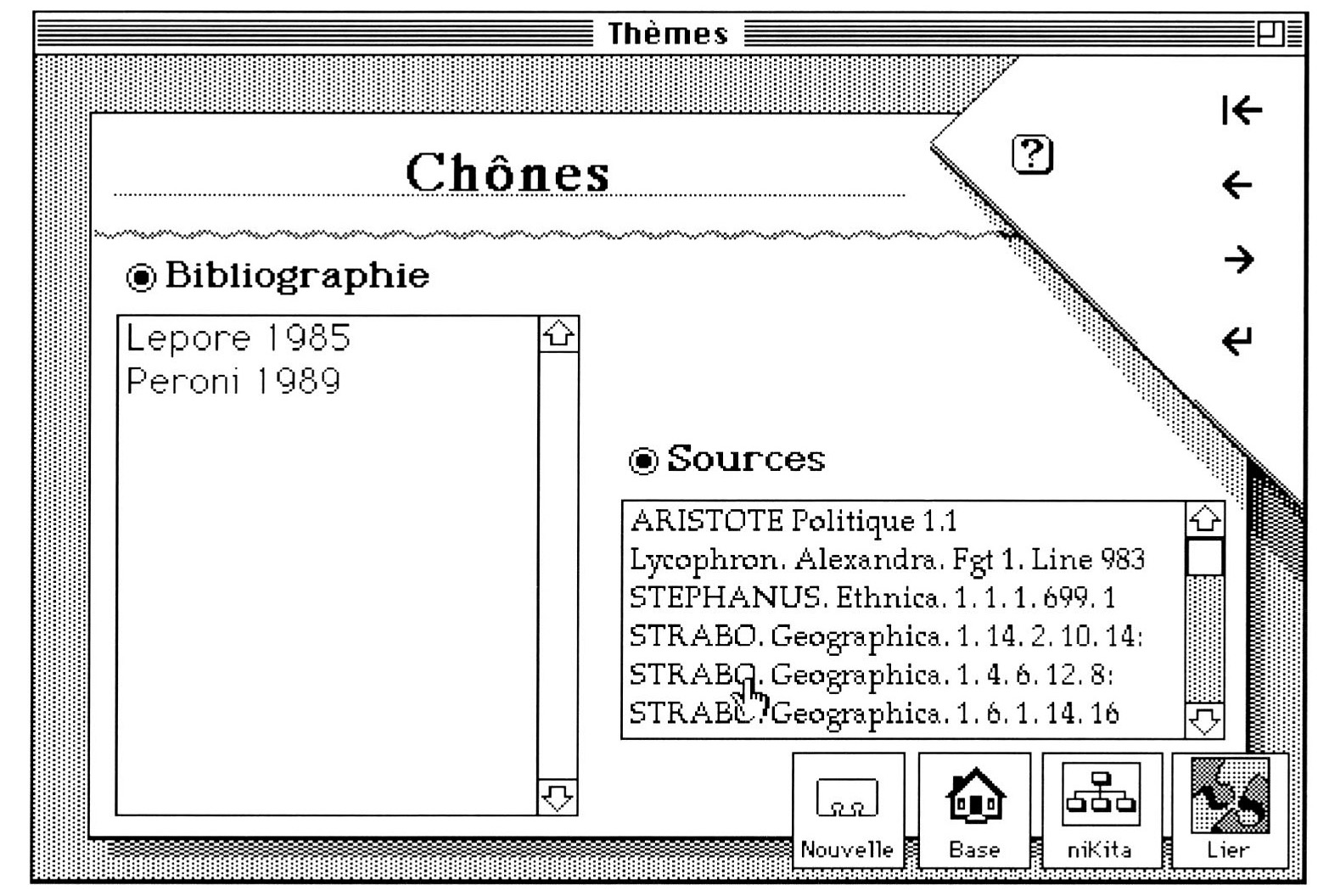 Fig. 13 - La fiche thème ne fait que centraliser des références bibliographiques et de sources autour d'un thème choisi. Une telle fiche est automat1quement créée dès l'évocation d'un thème dans une fiche bibliographique ou d'une source. Une fois créée, elle sera automatiquement complétée au fur et à mesure que le thème sera mentionné dans d'autres références. Pour accéder à une référence, un click avec la petite main sur la ligne correspondante suffit.