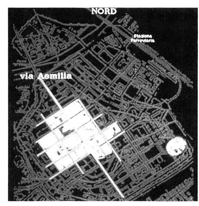 Fig. 2 - Rimini, su una carta moderna sono stati evidenziati attraverso elaborazioni al calcolatore alcuni degli antichi assi viari e i relativi isolati urbani di età romana (Foto G. Aureggi).