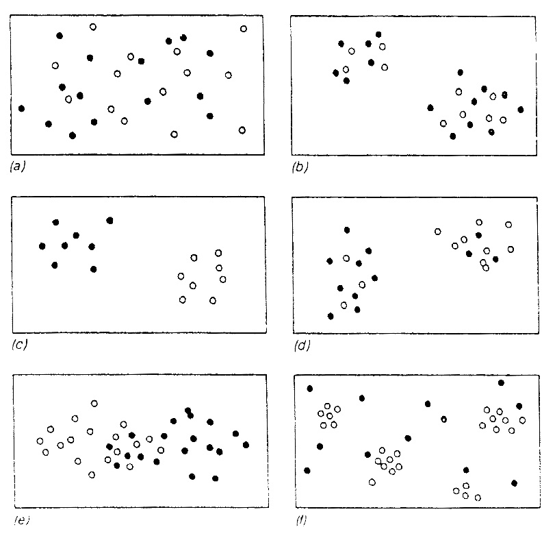 Fig. 2 – Analyse spatiale du village lacustre de Charavines (Christien1988) parlaméthode destructuration spatiale (DjinDjian 1988): a)structuration spatiale (trois classes); b)plan desmaisons àpartir despieux datés pardendrochronologie; c)structuration spatiale (cinq classes): classe A(osbrûlés, céramique fine), classe B(noisettes, céréales, céramiques, pierres, charbon debois), classe E(densité plus faible qu’en AetB),classe D(absence destructure), classeC(quartzite, coprolithes, absence d’argile, absence decharbon debois).