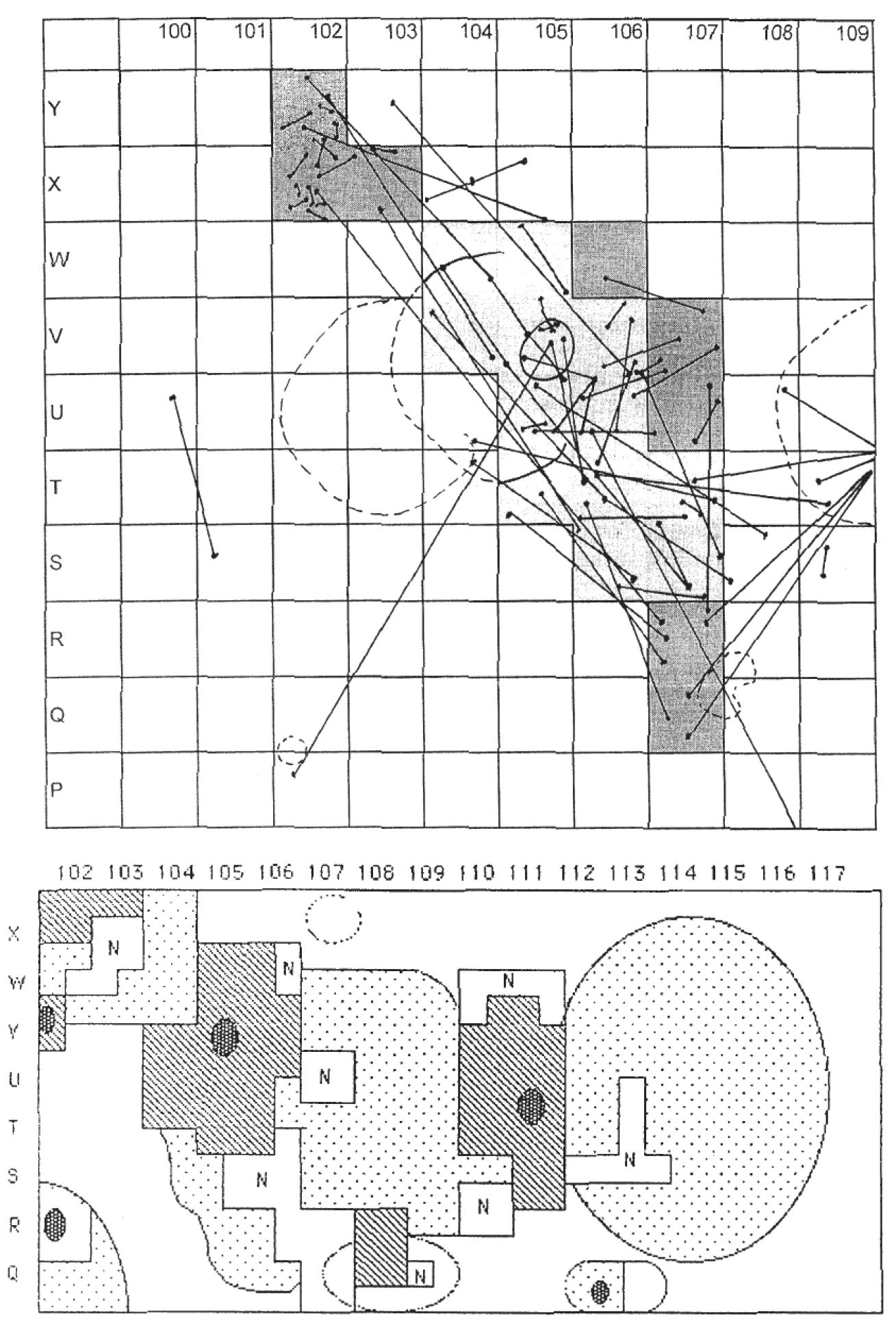 Fig. 7 – Visualisation de lastructure spatiale. Idem. Ensemble 1.a) Visualisation des zones issues de l’analyse spatiale des remontages. b) Reconstruction synthétique delastructuration spatiale globale (DjinDjian1991).