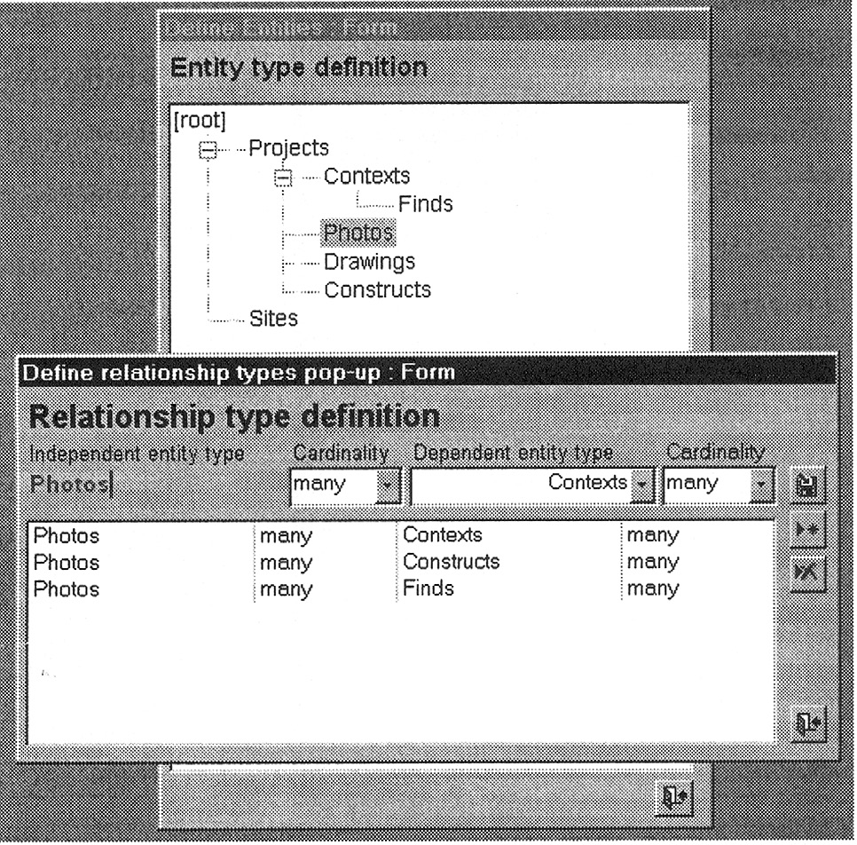 Fig. 1 – Screen dump from GARD. Background: form to create and modify the entity type structure for a recording. Foreground: pop-up form to define relationship types for the entity types.