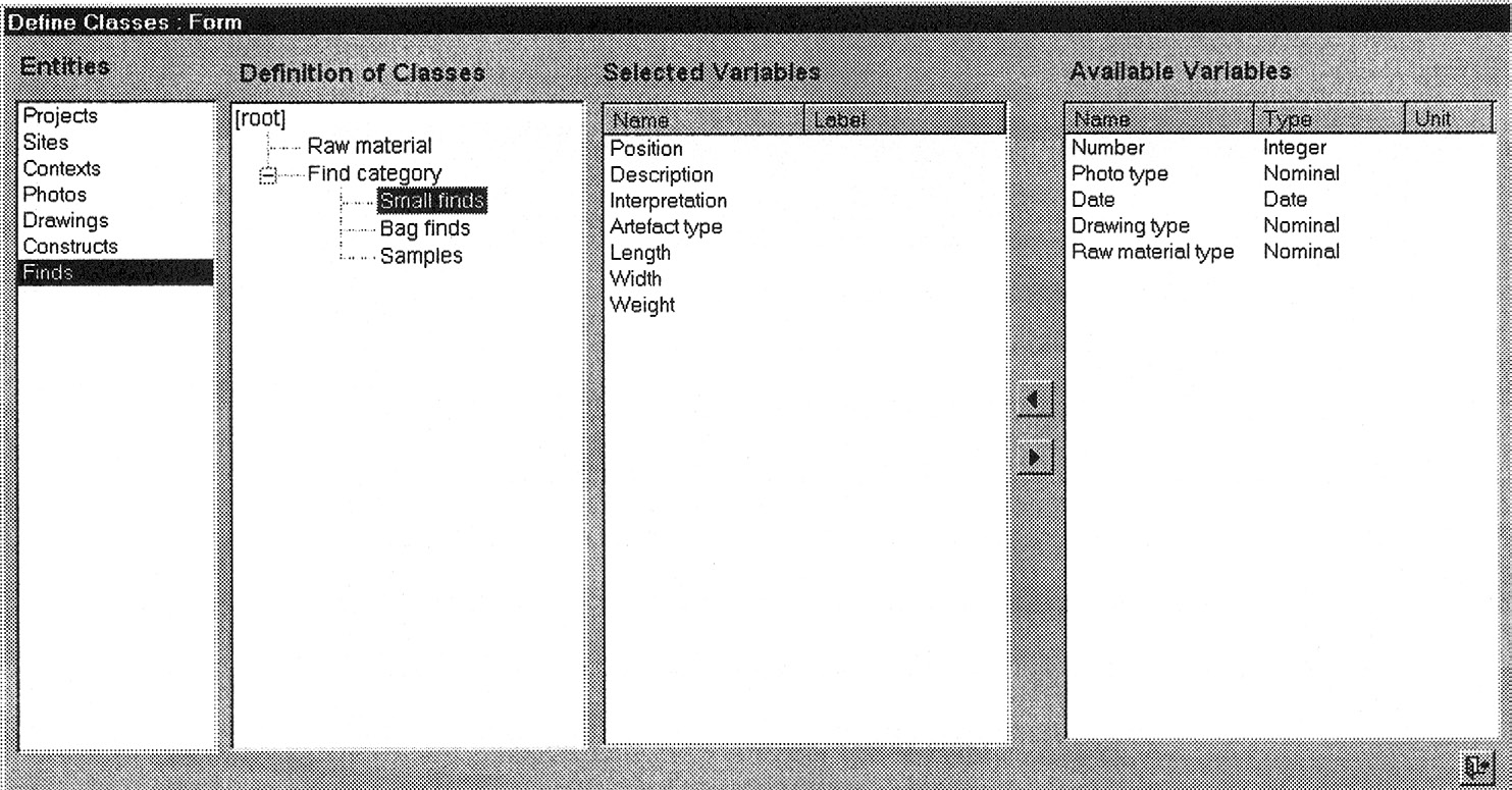 Fig. 2 – Screen dump from GARD. Form to define classification schemes for the entity types, and to attach variables to entity types and to individual types of the classifications.