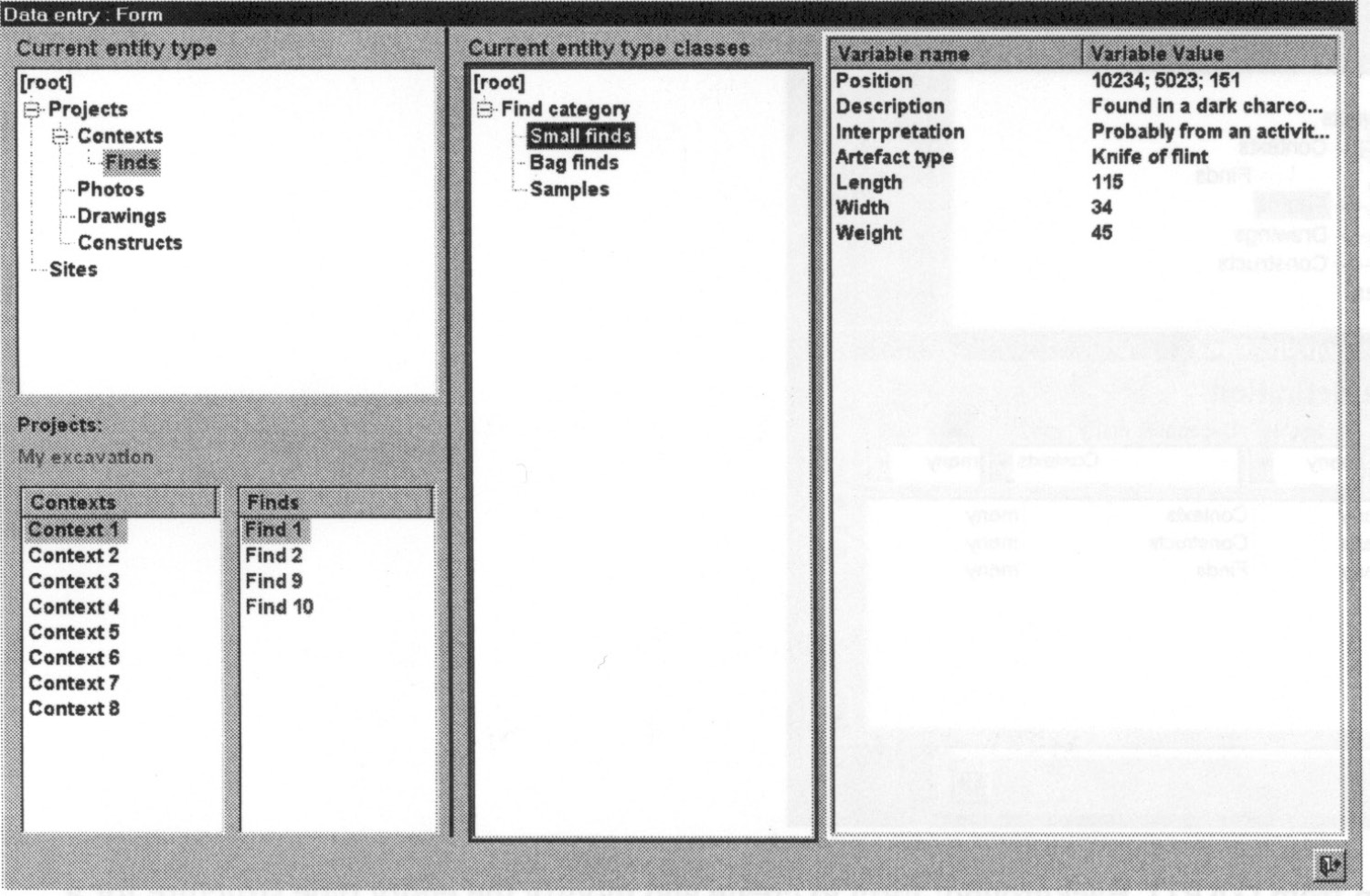 Fig. 3 – Screen dump from GARD. Entry form for recording entities as definedby the entity type structure. Selecting aclass of the classification bound to the current entity type will display the attached variables and their values.