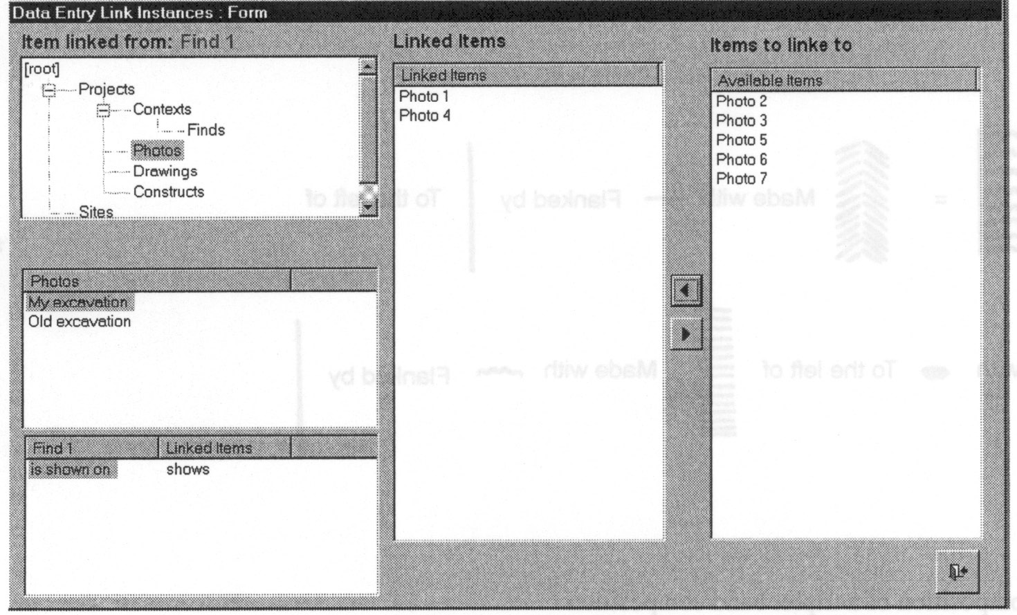 Fig. 5 – Screen dump from GARD. Form to set relationship instances between entities of different or the same entity type. The form is brought up from the main entry form (Fig. 3) by double clicking an entity that has to become part of a relationship instance. The system controls that only “legal” relationship instances can be defined.