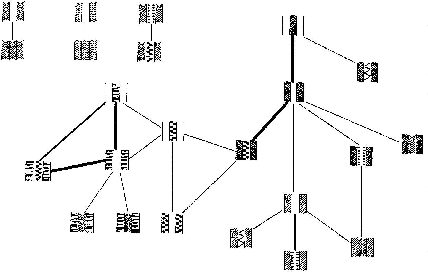 Fig. 8 – Graph showing the appearance of symmetric triplet band combinations on 32 Neolithic bowls. For each pot where a combination of two different triplet combinations is seen a count is made. The thickness of the lines between triplet combinations indicates on how many pots the combination is seen.