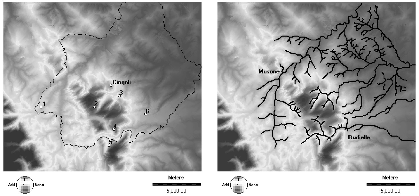 Fig. 2 – DEM del territorio cingolano conconfiniamministrativi eprincipali località citate neltesto: Moscosi-Palazzo (1),Madonna del Pian de’Conti (2), Avenale-Cerquetana-La Posta (3), Piane Mastro Luca (4), La Mucchia (5), Santa Maria del Rango-Lebboreto-Grottaccia (6). Fig. 3 – DEM delterritorio cingolano contematismo idrografico,conparticolare riferimento aidue principali corsi d’acqua: Musone e Rudielle.