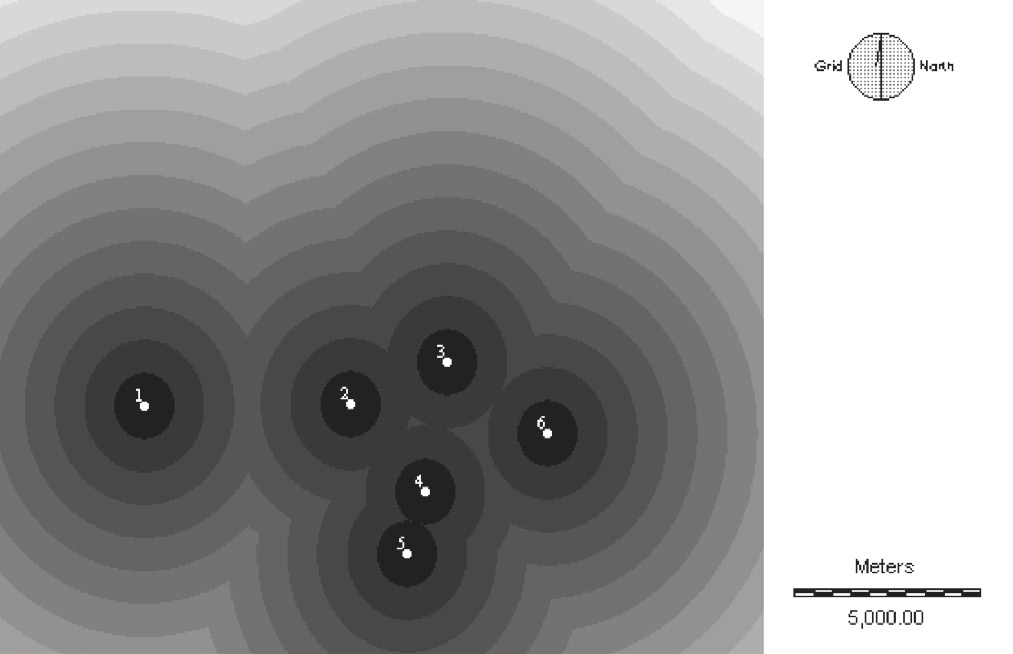 Fig. 4 – Distanze dai principali centri di affioramento della selce. L’immagine, ottenuta con il modulo Distance di Idrisi, visualizza anelli concentrici di circa 800 m ciascuno.