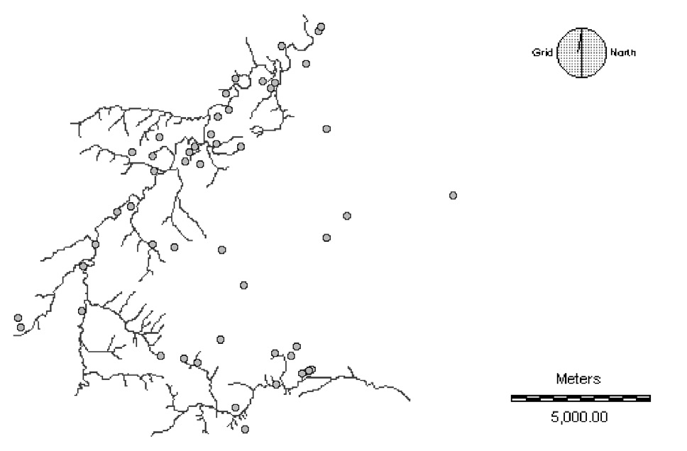 Fig. 5 – Distribuzione dei siti del Neolitico in rapporto ai corsi d’acqua del Musone e del Rudielle.