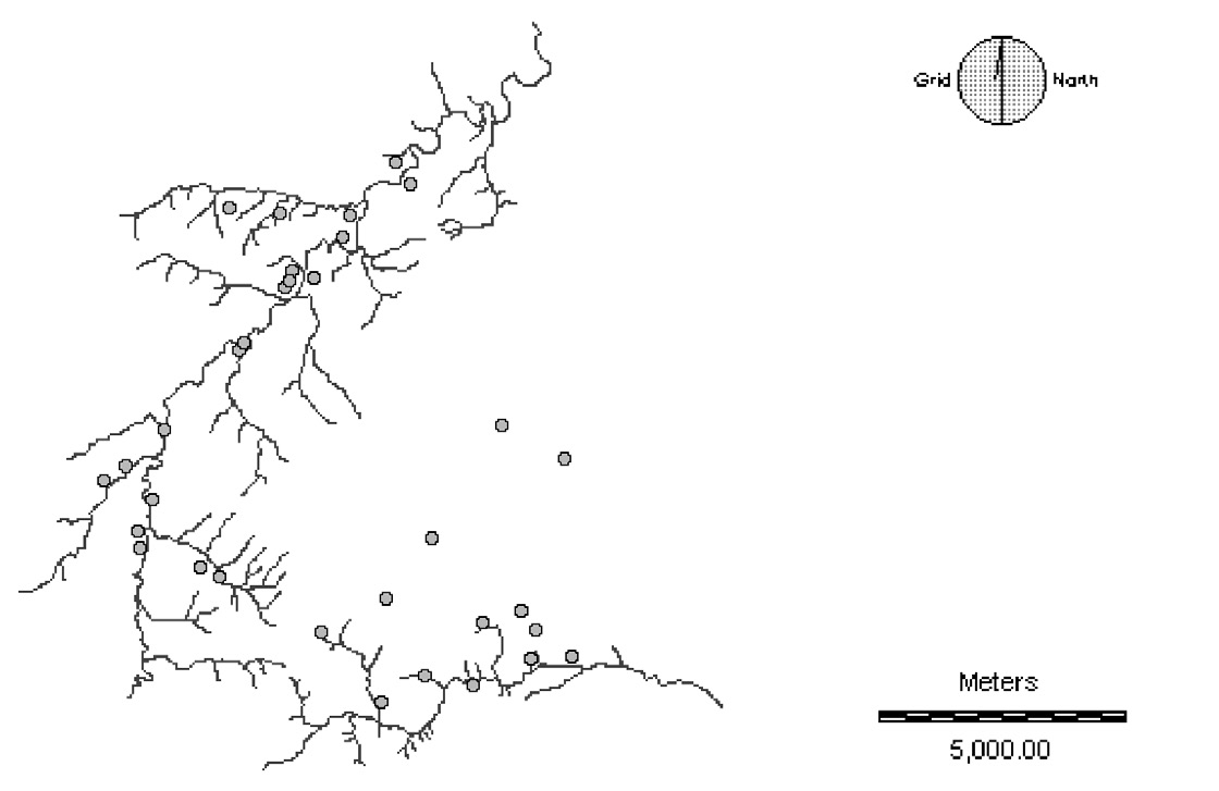 Fig. 6 – Distribuzione dei siti dell’età del Bronzo in rapporto ai corsi d’acqua del Musone e del Rudielle.