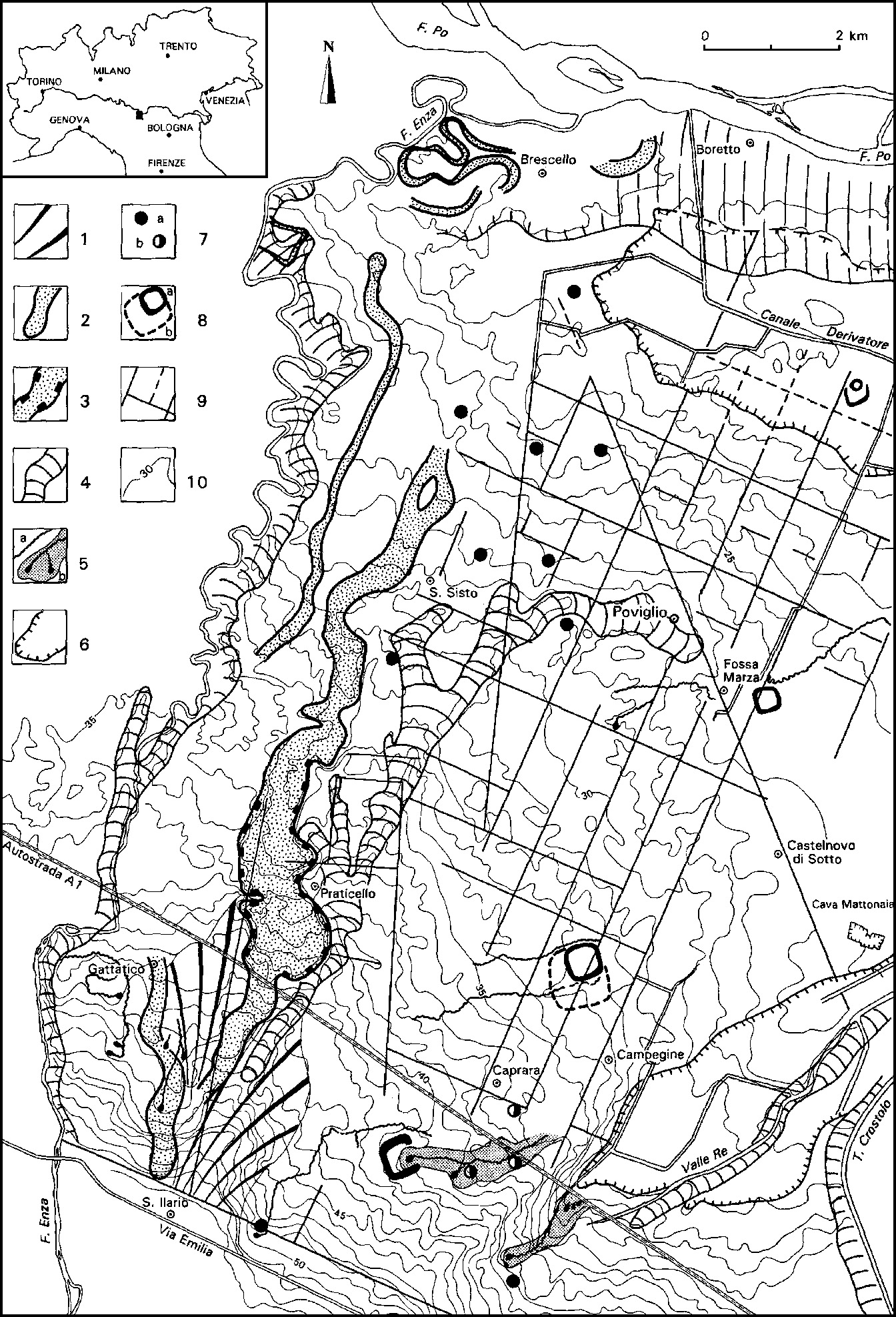 Fig. 1 – Geomorphology and Bronze Age sites in the northern Enza basin, Emilia Romagna, Italy:1)S.Ilario alluvial fan (Late Pleistocene); 2)paleochannel;3) Praticello paleochannel deeply cutdown, active during the Bronze Age; 4) fluvial ridge; 5)small meandering water courses; 6) low lying flood basins; 7) unstructured Bronze Age sites (a:on surface; b:buried); 8) terramare; 9)main axes of the Roman centuriation; 10) contour lines, eq. 1mt. (after CreMasChi 1997).