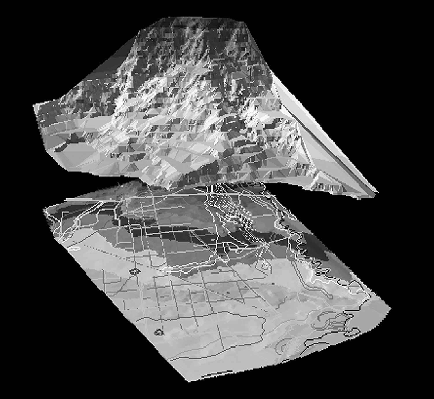 Fig. 4 – 3D multilayer visualisation (TIN and grid interpolation) of the central Po Plain (Reggio Emilia): by thematic layers (bottom) and by geomorphology (upper).