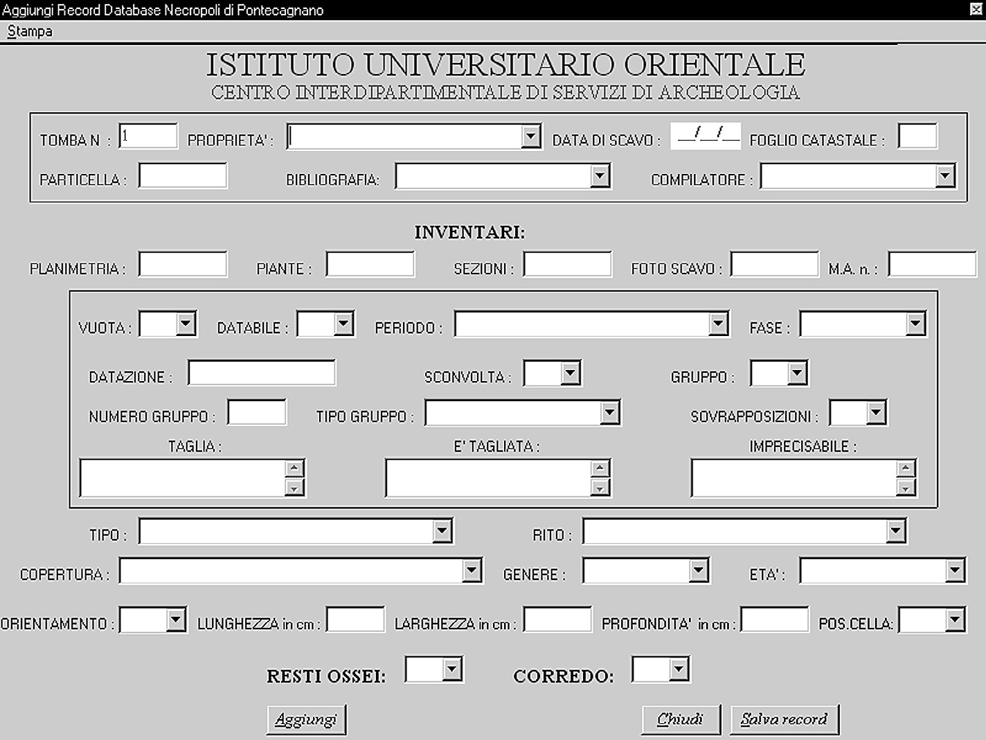 Fig. 2 – Data-entry: il modulo adoperato per l’inserimento delle informazioni generali relative alle singole deposizioni; da questa form è possibile accedere agli altri due moduli.