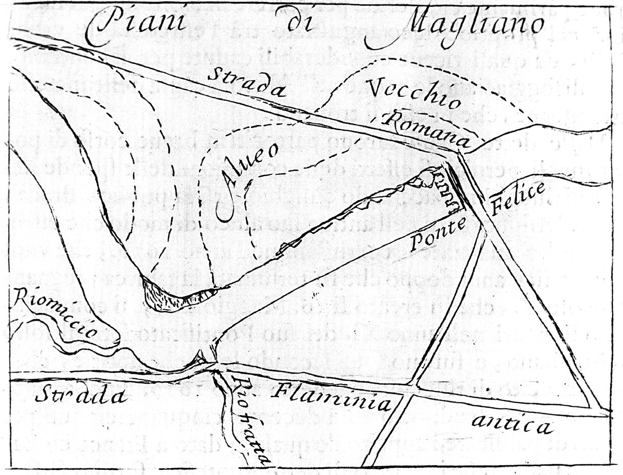 Fig. 2 – Pianta del corso del Tevere sotto Magliano Sabina, redatta da Agostino Martinelli intorno al 1682. Sono chiaramente indicati l’antico alveo del fiume, la viabilità e i corsi d’acqua principali del lato sinistro (Rio Miccio e Rio Fratta).