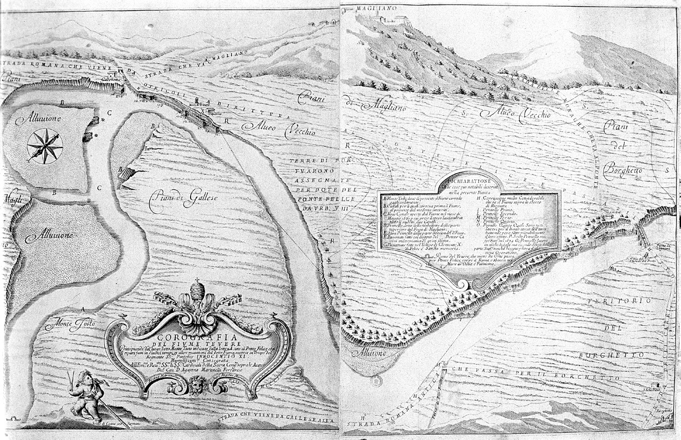 Fig. 3 – Pianta con indicazione della Corografia del fiume Tevereprincipiando dalluogo detto Monte Tosto sino a Ponte Felice con li ripari fatti in diversi tempi; redatta da Agostino Martinelli intorno al 1680.