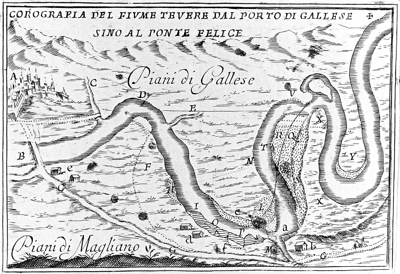 Fig. 4 – Pianta con indicazione della Corografia del fiume Tevere dal Porto di Gallese sino aPonte Felice; redatta da Agostino Martinelli il 20 marzo 1684.