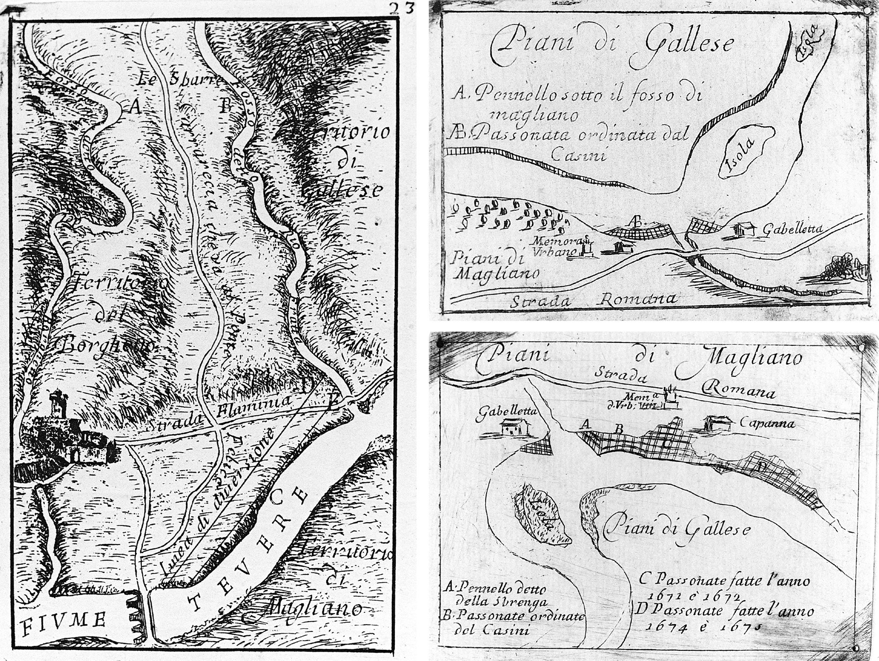 Figg. 5-7 – Piante del corso del Tevere redatte da Agostino Martinelli intorno al 1682. 5. Corso delfiume trailFosso del Borghetto e quello di Rio Fratta con l’indicazione della eventuale linea di diversione per convogliare le acque del Rio Fratta in quelle del fosso della Lega del Borghetto; 6. Corso del fiume all’altezza della Gabelletta di Magliano con l’indicazione dei lavori eseguiti sotto il Fosso dello Storo; 7. Corso delfiume sotto iPiani di Magliano con l’indicazione delle passonate costruite tra il 1671 e il 1675.