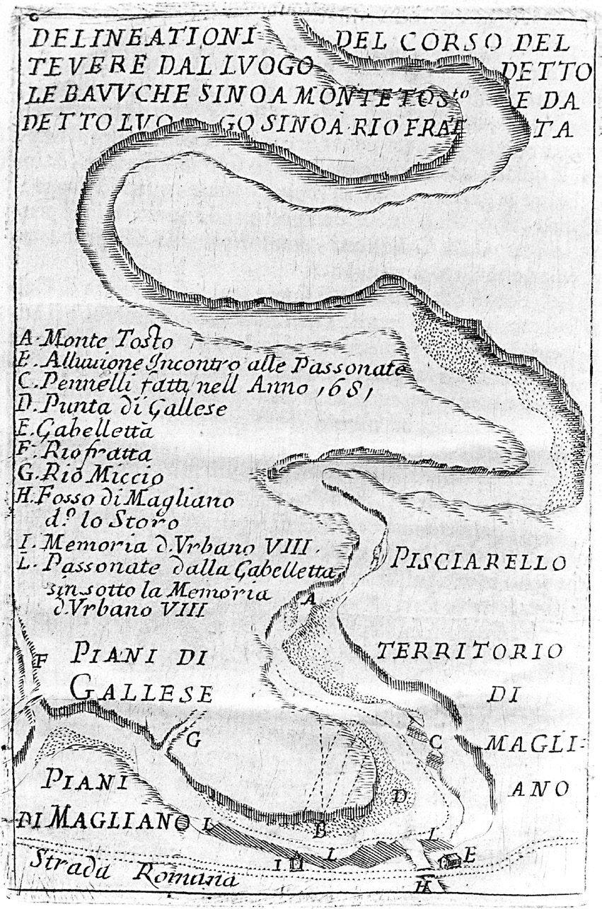 Fig. 8 – Pianta con Delineationi del corso del Tevere dal luogo detto Le Baucche sino a Monte Tosto edadetto luogo sino a Rio Fratta; redatta da Agostino Martinelli intorno al 1682-84.