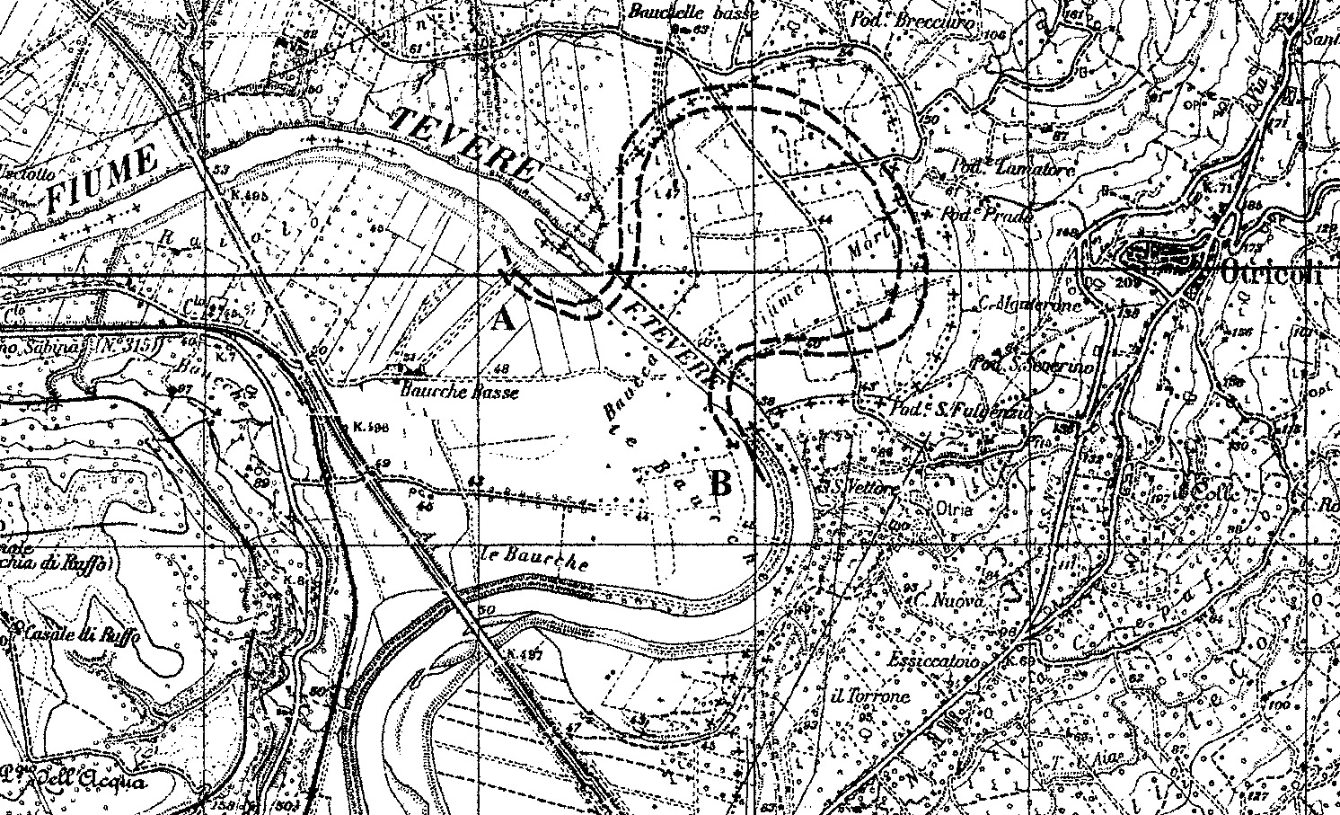 Fig. 9 – Schema di processi di migrazione e salto di meandro lungo l’alveo del fiume Tevere (schema A-B); area di Otricoli, tavolette Otricoli e Orte, scala 1:25.000, stralcio.