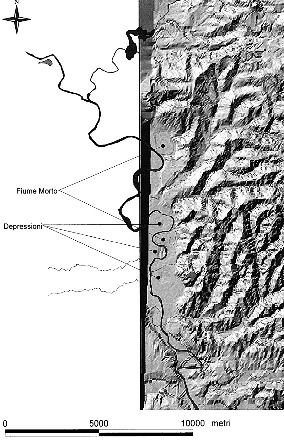 Fig. 10 – Modello digitale del terreno in formato shaded, con sovrapposizione tematica dell’idrografia principale; calcolato con passo di elaborazione di 50 metri.