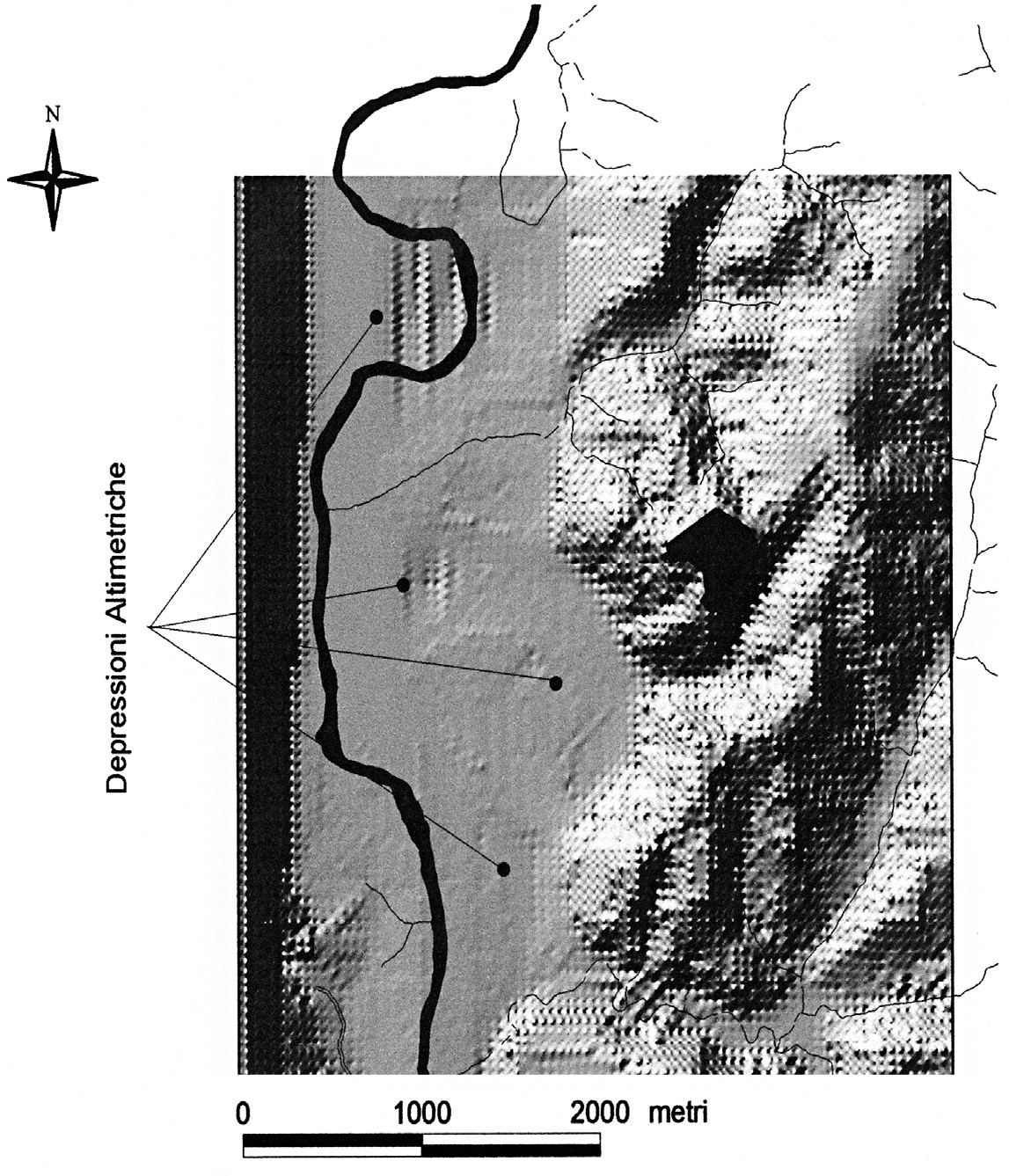 Fig. 11 – Modello digitale del terreno in formato shaded, con sovrapposizione tematica dell’idrografia principale; calcolato con passo di elaborazione di 10 metri per la zona corrispondente alle attuali località Piana dei Ramelli e Campitelli.