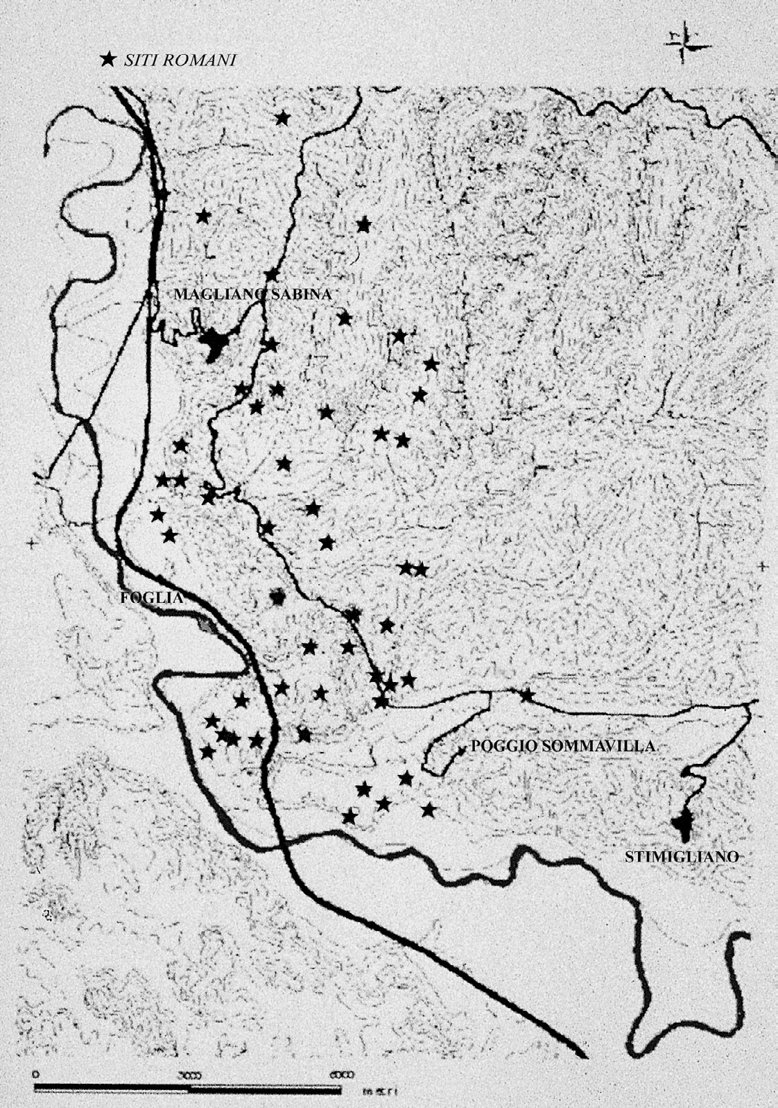 Fig. 1 – Magliano Sabina. Mappa topografica dell’area in esame con sovrapposizione dei siti archeologici di età romana.