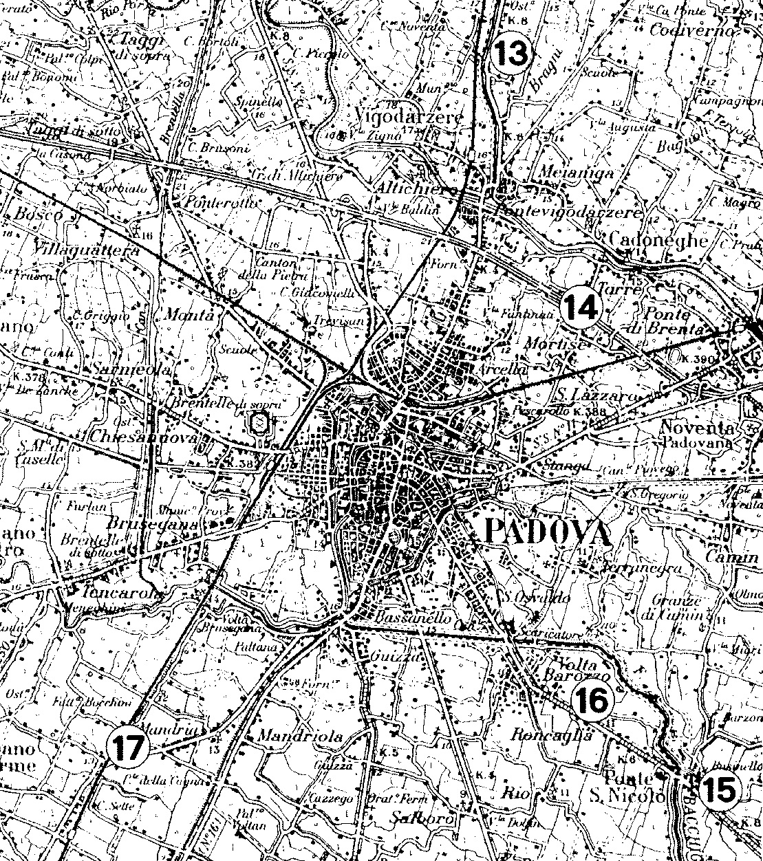 Fig. 1a – Distribuzione dei rinvenimenti di bonifiche con anfore: il territorio patavino.