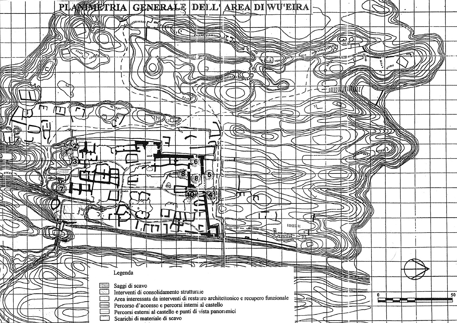 Fig. 5 – Il castello di Wu’ayra: zonizzazione, percorsi, aree di scavo.