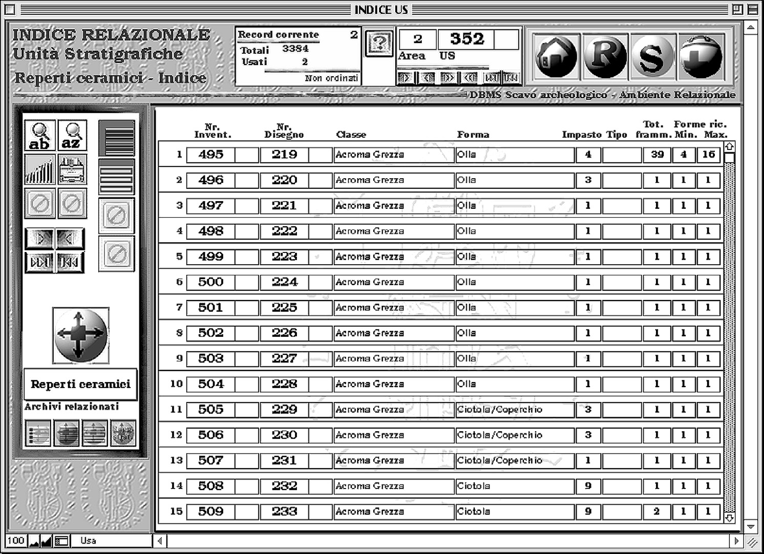 Fig. 2 – Database di scavo. Schermata dell’archivio lineare dei reperti ceramici.
