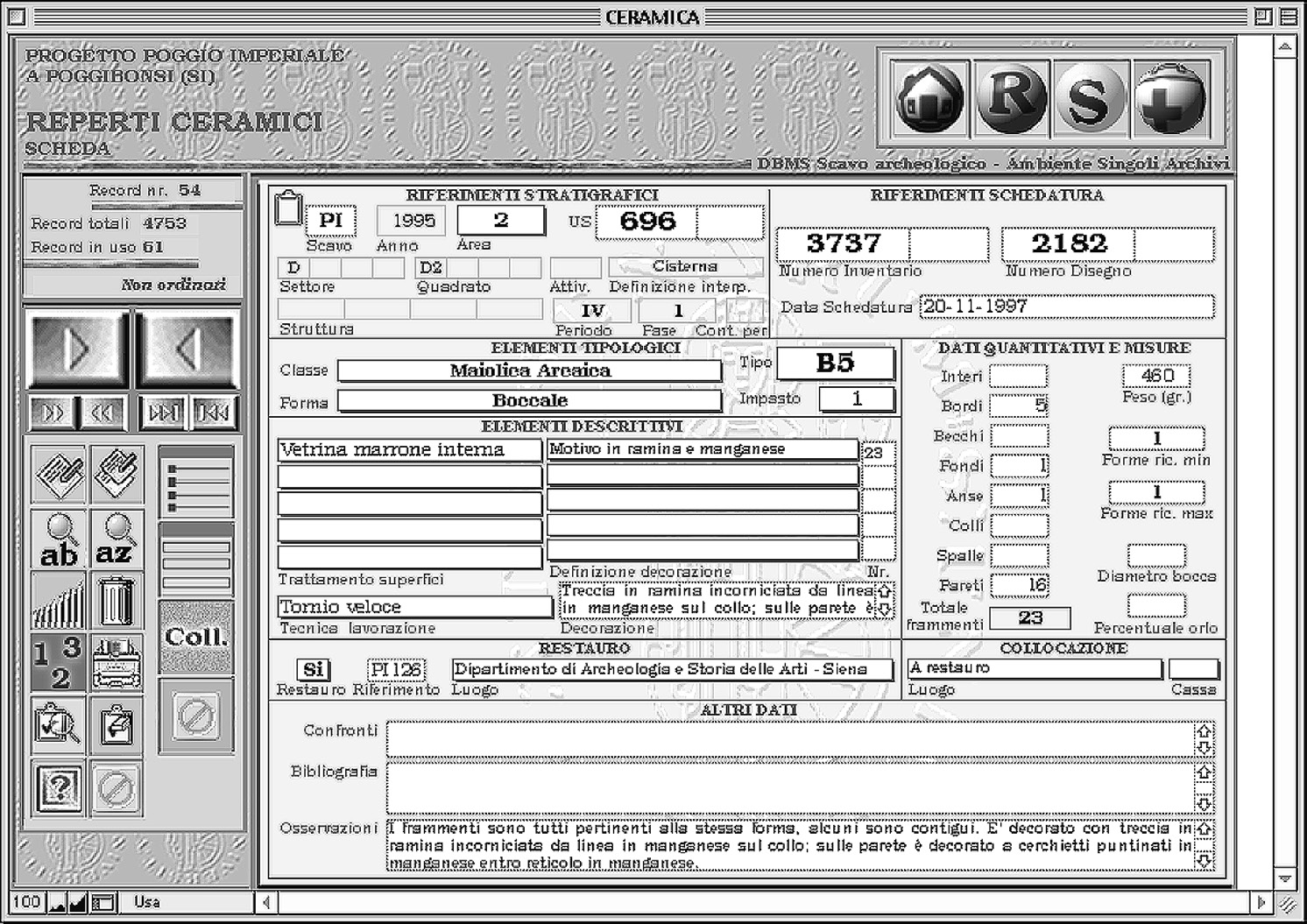 Fig. 3 – Database di scavo. Esempio di consultazione relazionale dei dati.