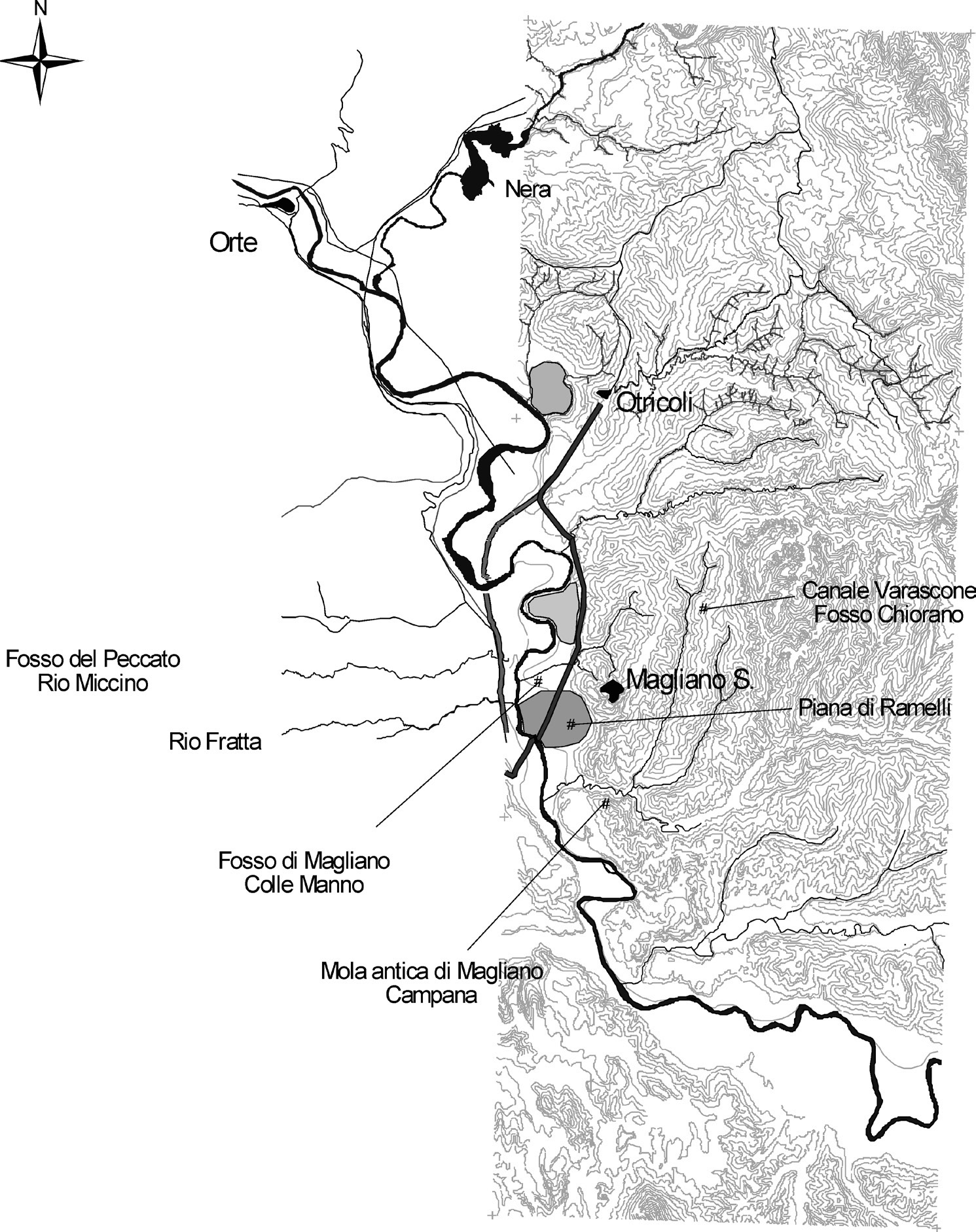 Fig. 2 – Magliano Sabina. Carta a sovrapposizione tematica del territorio compreso tra Ponte Felice ed Otricoli. Sono rappresentati: la strada consolare antica, la Via Flaminia nuova, la rete idrografica principale, l’altimetria del territorio visualizzata mediante curve di livello.