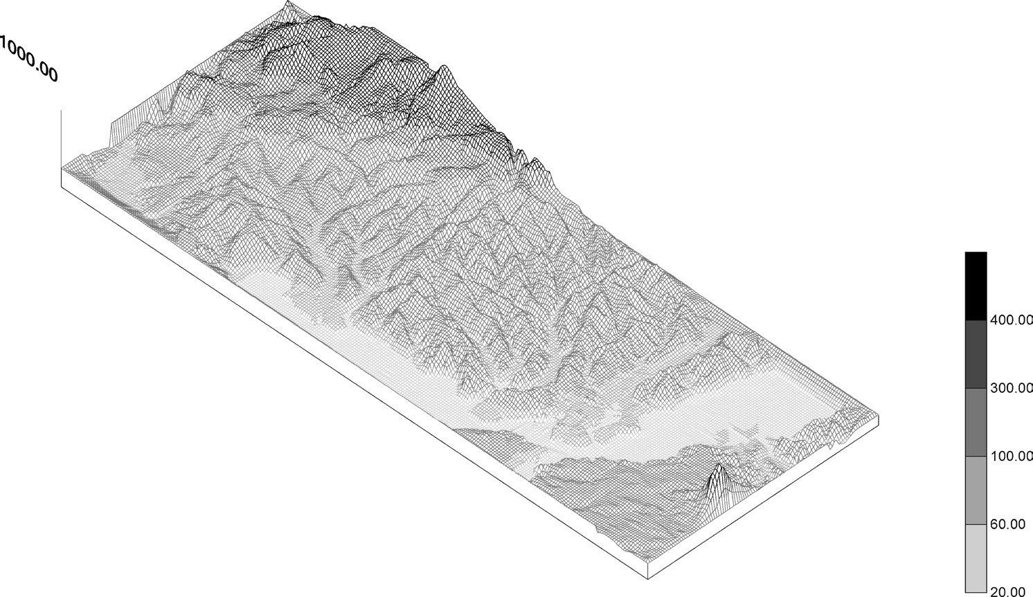 Fig. 5 – Magliano Sabina. Modello digitale del terreno. L’elaborazione rappresenta l’orografia del territorio. La tonalità di grigio più chiaro indica la valle del Tevere.