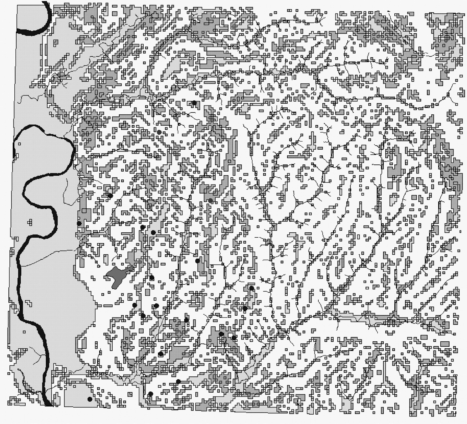 Fig. 6 – Magliano Sabina. Mappa delle pendenze: il colore grigio chiaro rappresenta inclinazioni del terreno comprese tra 0 e 5 gradi, il grigio scuro le pendenze comprese tra 5 e 10 gradi. I punti neri indicano la posizione degli insediamenti di età romana.