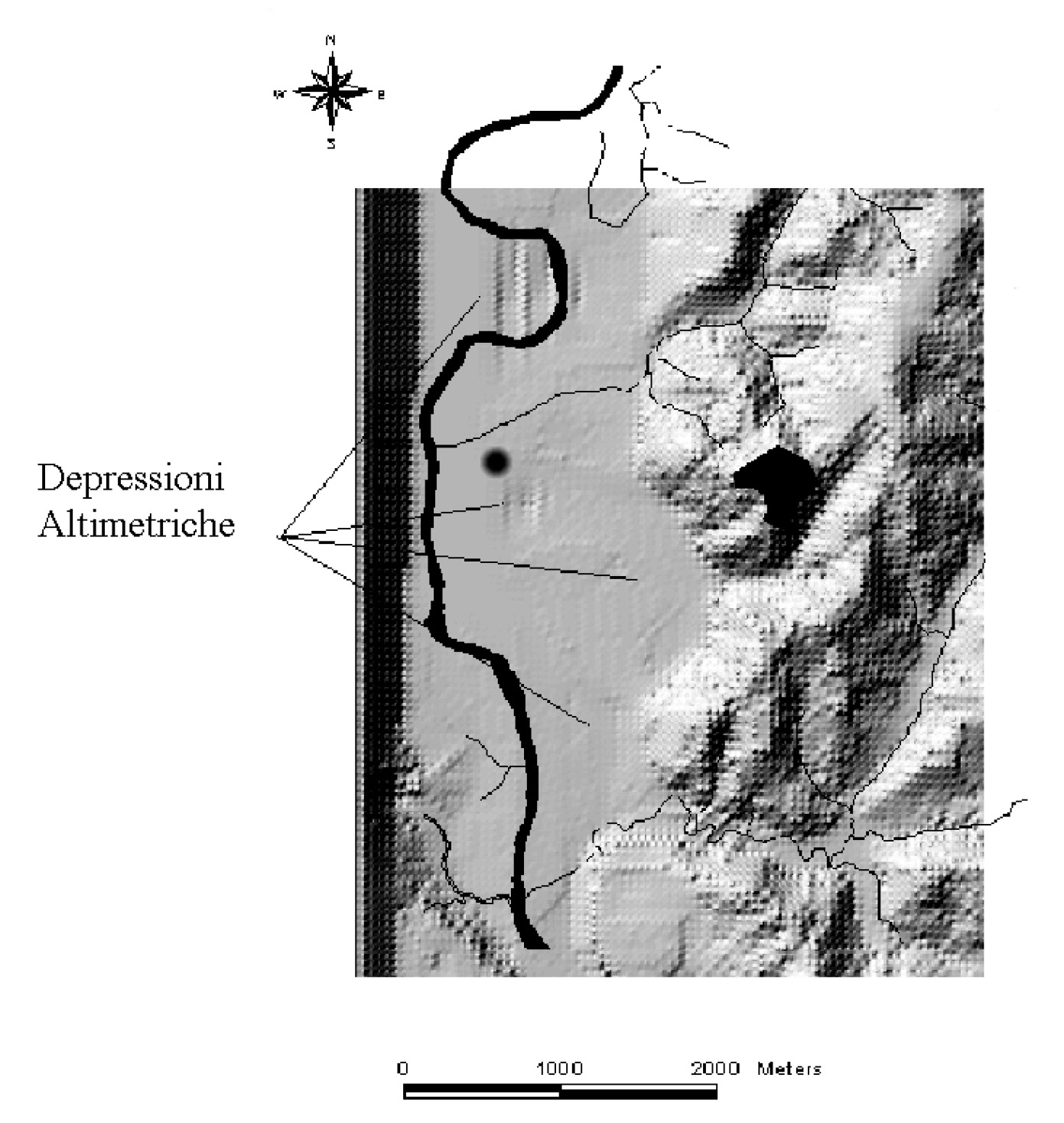 Fig. 8 – Magliano Sabina. Carta delle quote altimetriche ottenuta utilizzando l’algoritmo di elaborazione numerica “shaded”. Dettaglio della Piana di Ramelli, che si estende sotto la collina di Magliano. Il punto nero indica l’area dove sono state effettuate le prospezioni geofisiche.