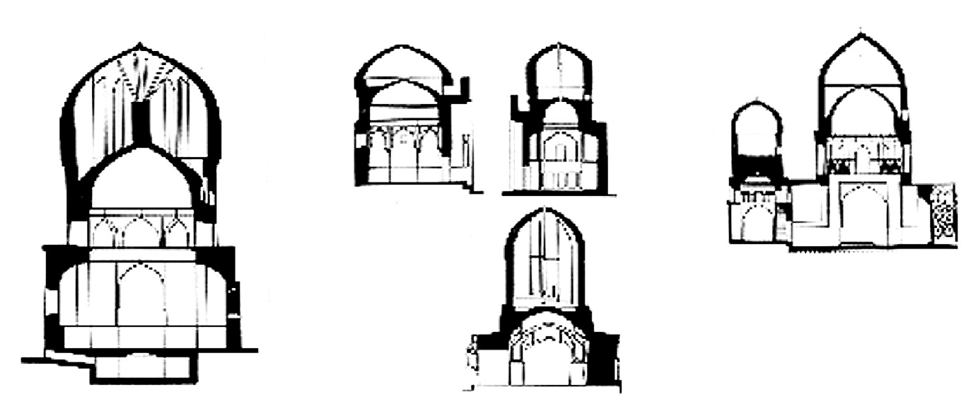 Fig. 2 – Confronti tra cupole di vari edifici: 1. Gur i Amir, 1380; 2. Shirimbek Aka, 1386; 3. Tuman Aka, 1406; 4. Chupan Ata, 1410; 5. Kazi Zade Rumi, 1425.