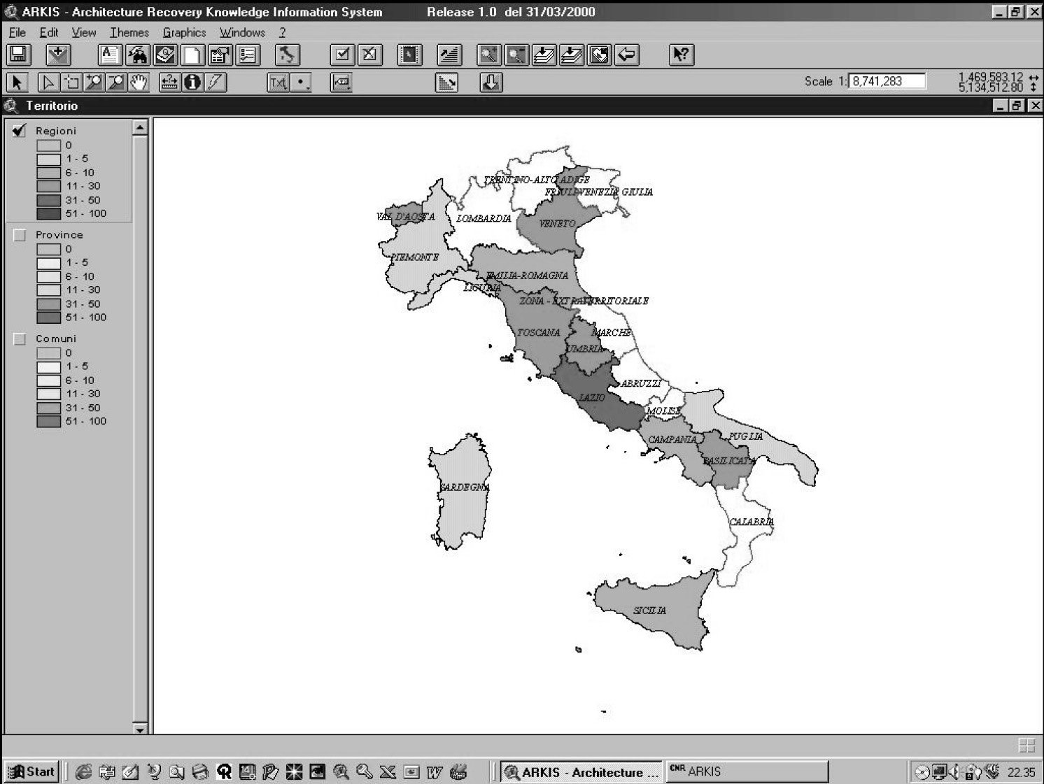 Fig. 4 – ARKIS. Procedure di inserimento dati. All’avvio dell’applicazione il sistema mostra la vista Territorio1 con le Regioni d’Italia.