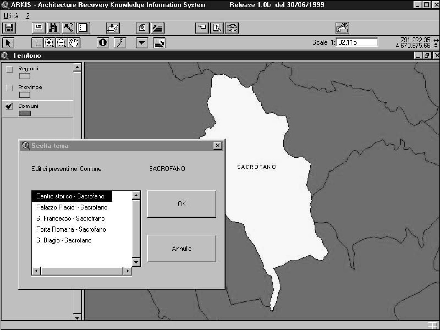 Fig. 5 – ARKIS. Procedure di inserimento dati. Con lo strumento Zoom in Livelli si può arrivare fino al Comune su cui si andrà ad inserire una nuova entità (edificio): sulla selezione si attiva una finestra di dialogo che mostra quali sono le mappe catastali presenti nel Comune scelto (Sacrofano).