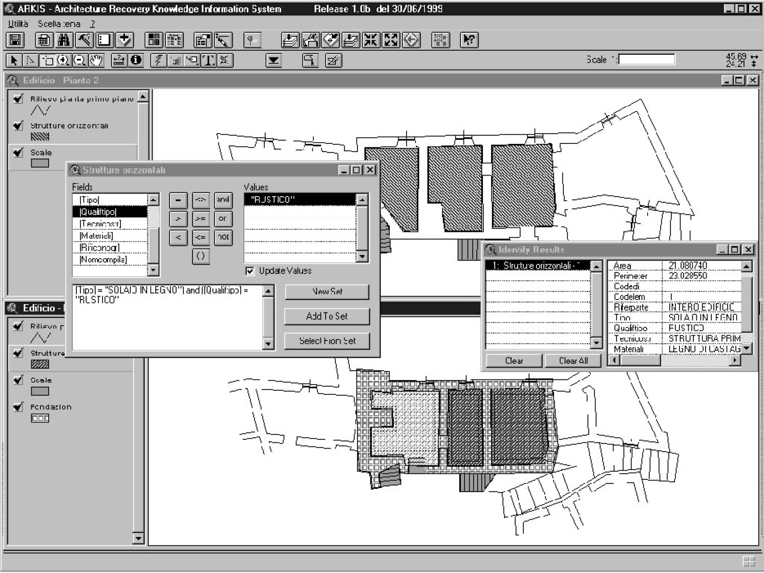 Fig. 7 – ARKIS. Procedure di consultazione dati di due livelli orizzontali di un edificio. Selezionata una vista (prospetto, pianta, sezione o particolare architettonico), sarà possibile consultare, con lo strumento Modifica Entità, un elemento, che sarà evidenziato, e ad esempio compiere operazioni di query (Sacrofano).