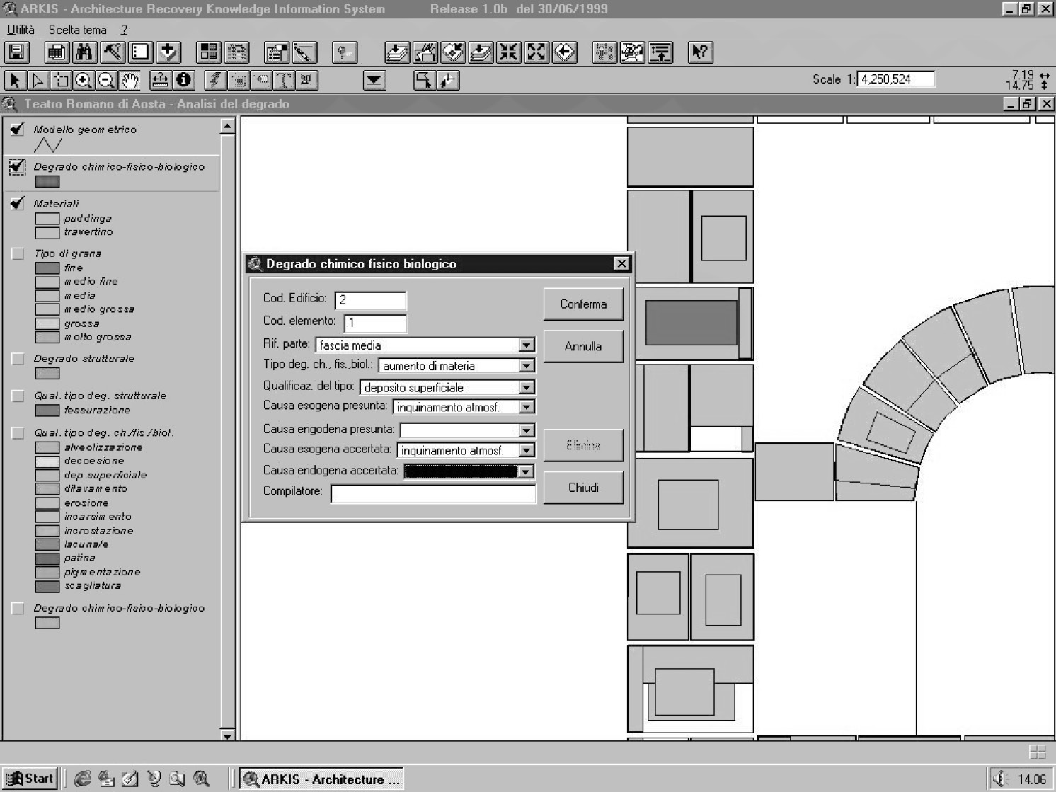 Fig. 8 – ARKIS. Procedure di consultazione dati di un concio sul particolare della facciata sud del teatro romano di Aosta. Apertura di una finestra contenente la scheda di consultazione dei dati alfanumerici relativi al degrado chimico-fisico-biologico di una entità geometrica selezionata.