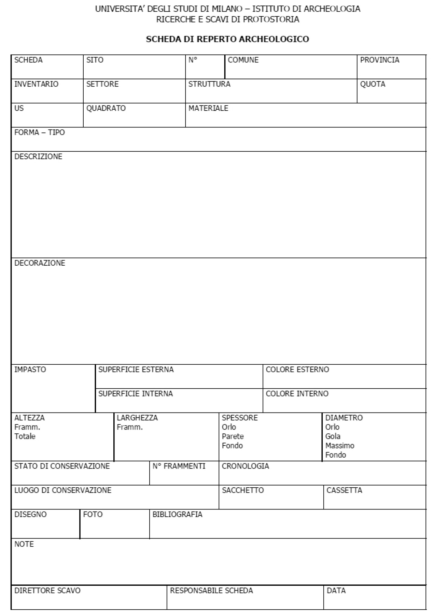 Fig. 1 – La scheda di Reperto Archeologico utilizzata a Sorgenti della Nova.