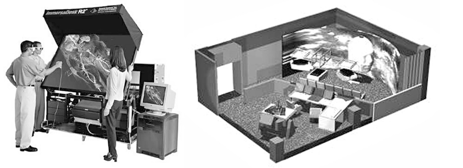 Fig. 8 – a) Tavolo proiettivo per realtà virtuale del tipo immersadesk; b) Il teatro virtuale nella configurazione digitale predisposta al CINECA (Bologna, www.cineca.it).