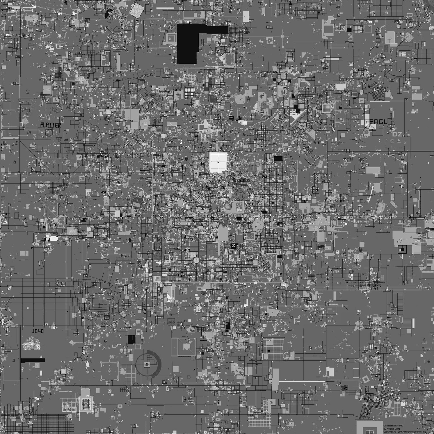 Fig. 9 – Mappa “satellitare” di città virtuali nel mondo di Alphaworld (3D Multi-User Dimensions, MUDs).