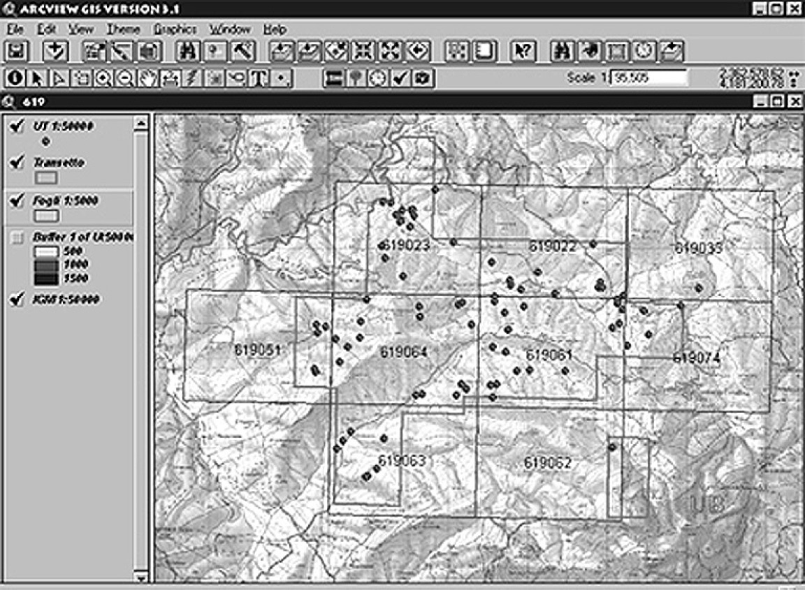 Fig. 2 – Una schermata di ArcView della carta in scala 1:50000 con il transetto, le Unità Topografiche e i confini dei fogli in scala 1:5000 (numerati).