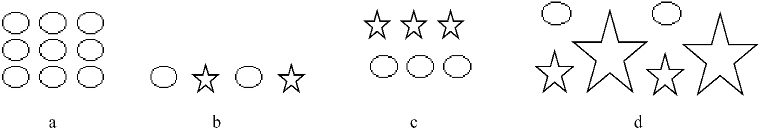 Fig. 1 – Examples of different image patterns. a) simple pattern consisting of a single repeated icon; b) simple structured image (two different icons of the same size, alternating on thesame line); c)simple structured image (two different icons of the same size, repeated on two superimposed lines); d) more complex structured image (repetition of a group formed by two different superimposed icons alternating with a single larger icon,ofthesame shape of the latter one).