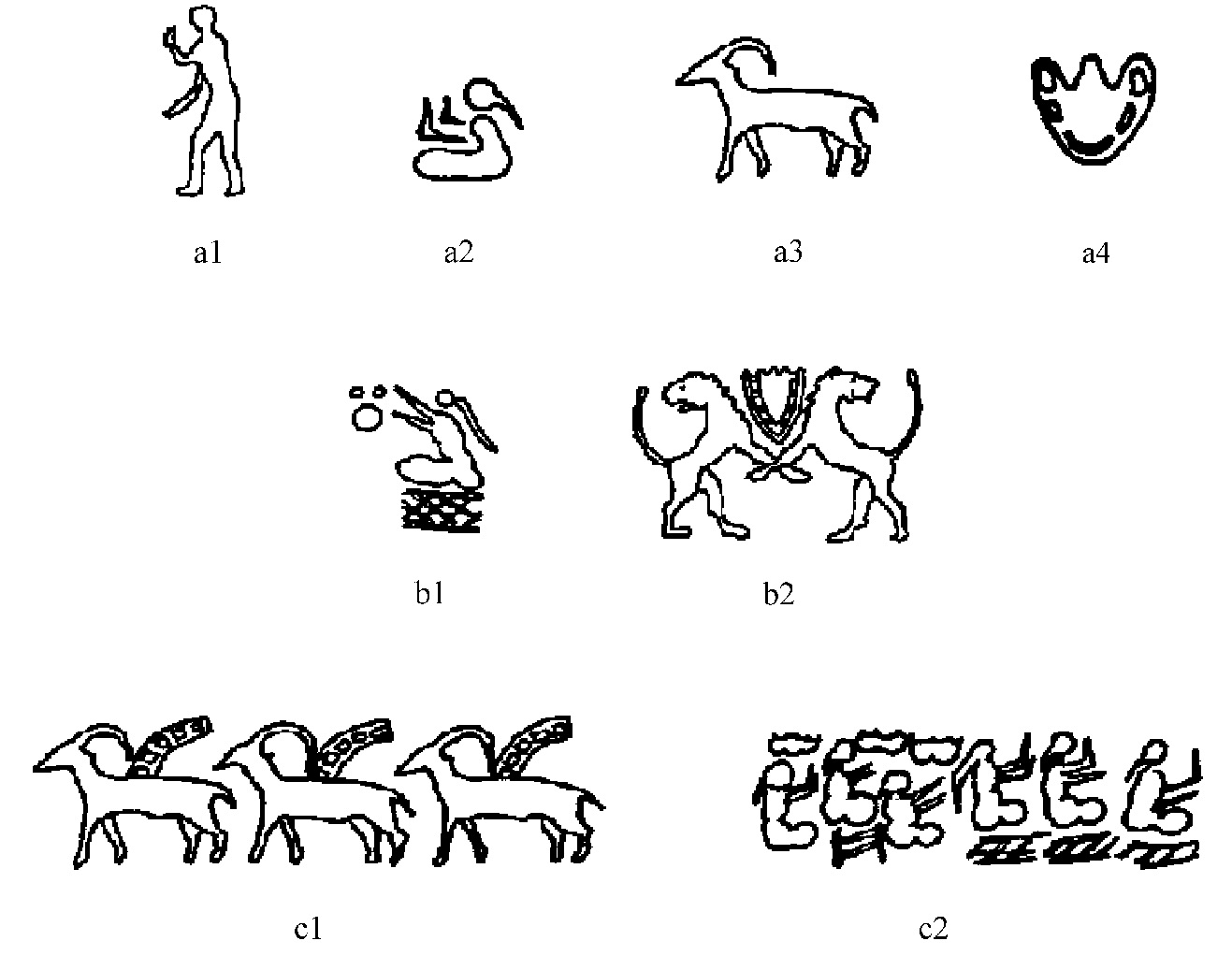 Fig. 2 – Examples taken from the analysed seal image corpus of: a) different iconographic elements: a1 = man with open arms, passing by;a2=sitting woman, with parallel arms; a3 = passing caprid; a4 = vessel; b) fixed sub-patterns: b1 = a woman with open arms sitting on a bench carrying a vessel; b2 = two rampant lions in front of each other with an object in-between; c) overall image composition: c1 = image composed by three identical sub-patterns, each formed by two elements (Seal no. 4); c2 =image composed by two sub-patterns, each onesubdivided into three smaller sub-patterns. Notice how the different elements and sub-patterns are associated to form a complex image (Seal no. 450).