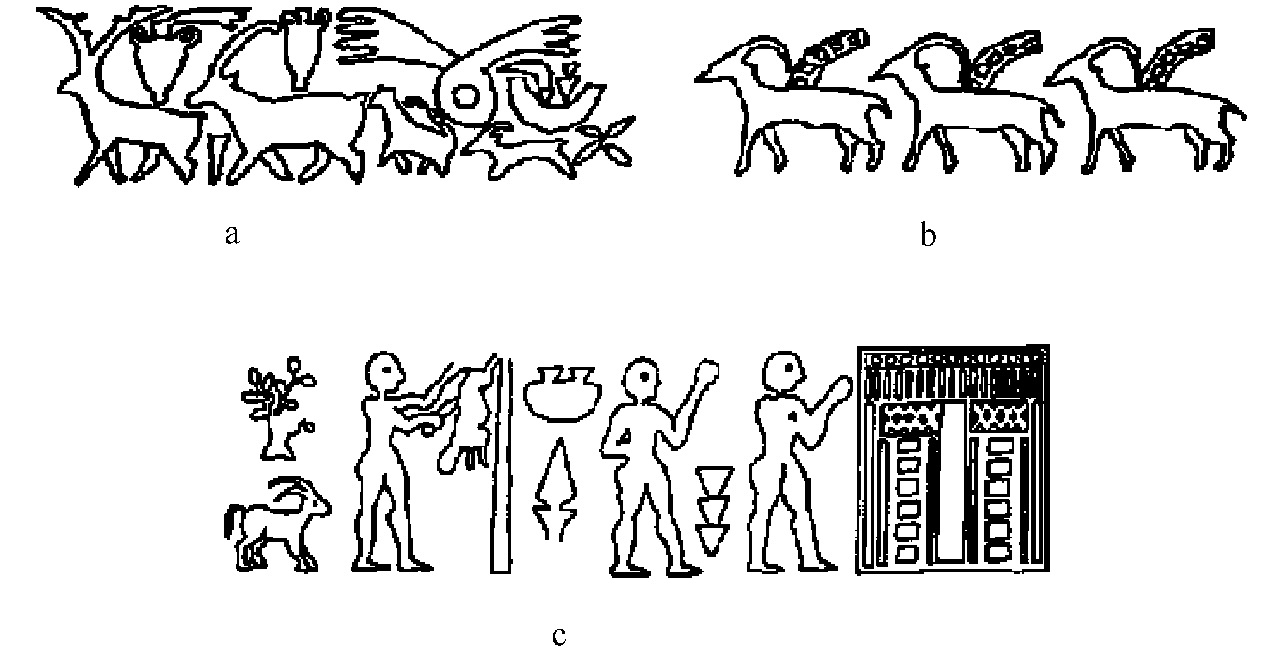 Fig. 3 – Seals of different theme and style portraying passing caprids. a)Seal no. 3; b)Seal no. 4;c) Seal no. 767.