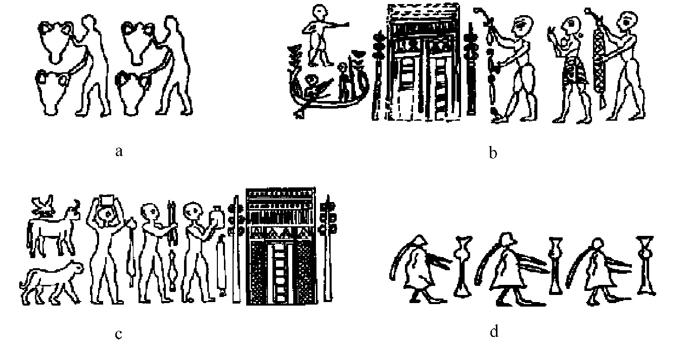 Fig. 4 – Seals of different theme and style portraying human beingscarrying objects. a) Seal no. 19; b) Seal no. 901; c) Seal no. 750; d) Seal no. 930.