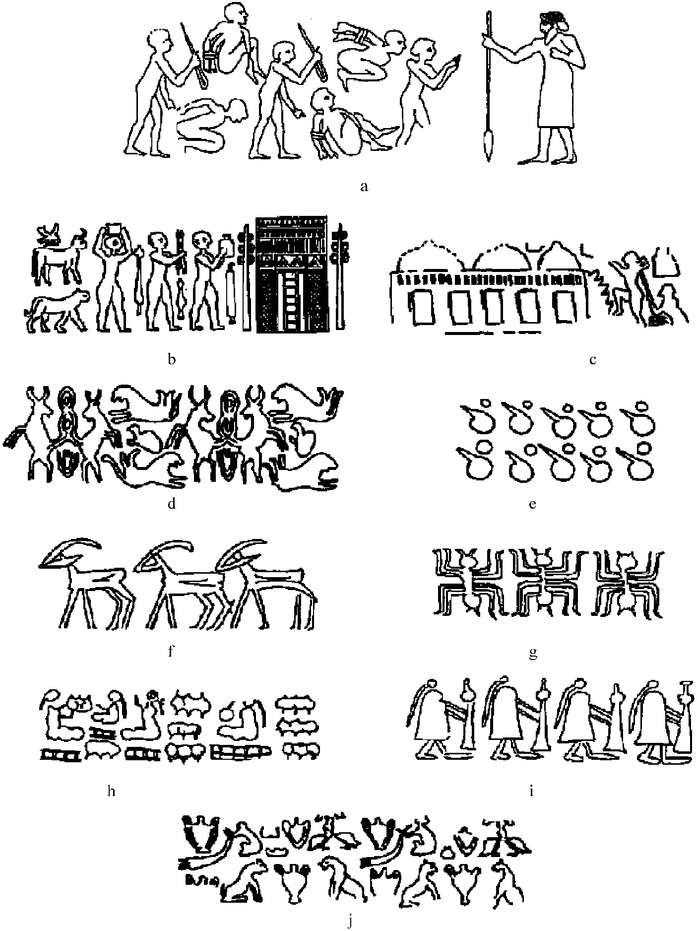 Fig. 6 – Examples of different groups of seal images: “naturalistic” (nos. 1-4) and “schematic” (nos. 6-9); no.9shows intermediate features. a)Seal no. 566 (war scene); b) Seal no. 750 (sacred ceremony); c) Seal no. 351 (storage scene); d) Seal no. 50 (complex animalistic composition); e) Seal no. 774 (row of vessels); f) Seal no. 833 (row of caprids); g) Seal no. 455 (row of spiders); h) Seal no. 796 (sitting women manipulating vessels);i)Seal no.429 (standing women carrying objects); j) Seal no. 335 (human beings alternating with animals and objects).