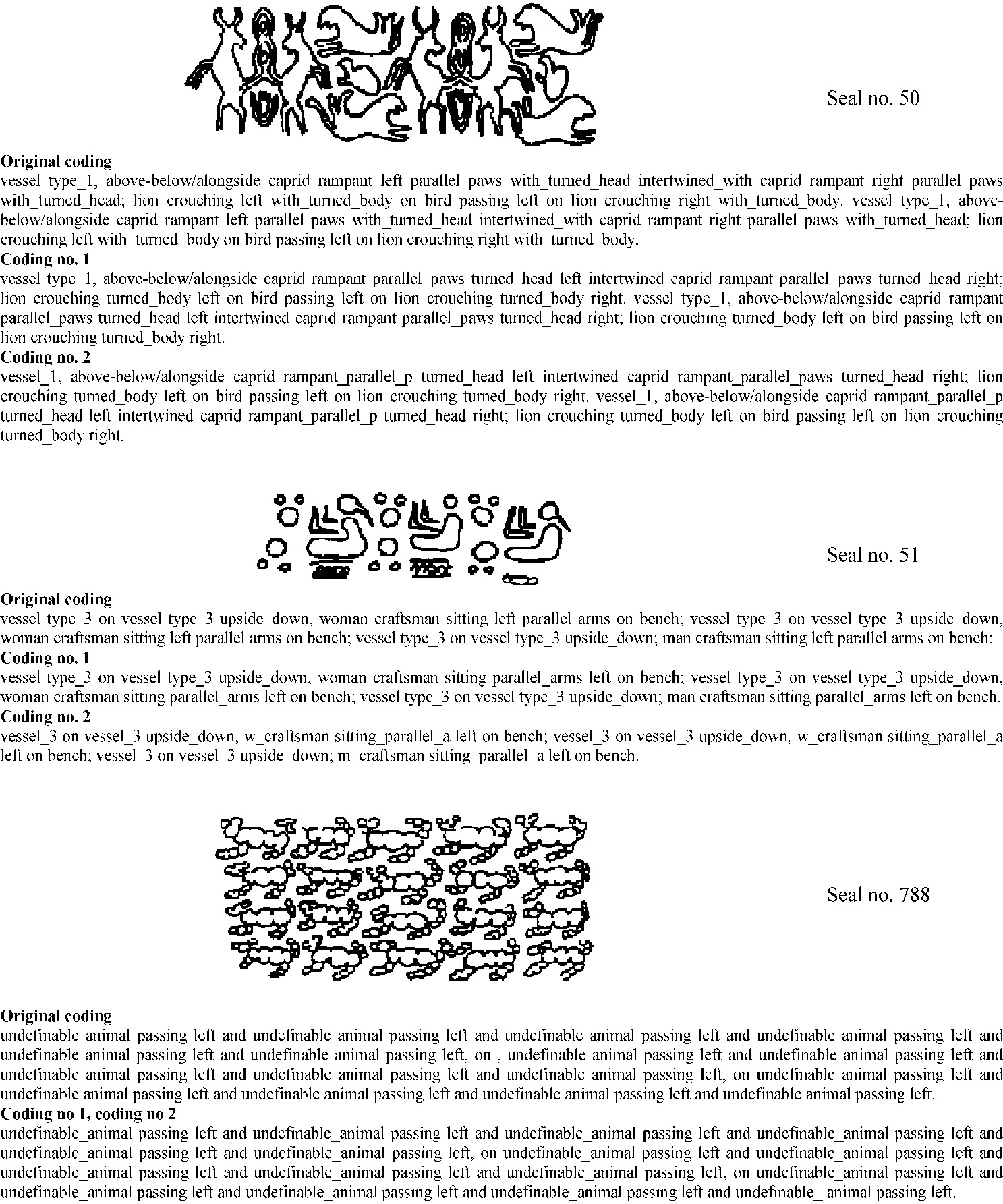 Fig. 7 – Three seal images (nos. 50, 51, 778) with corresponding descriptive texts (original coding; codings nos. 1, 2 as used for the here discussed analyses).