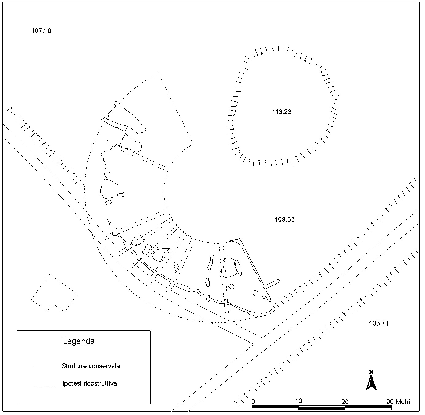 Fig. 2 – Planimetria del teatro romano, georeferenziata all’interno dell’area della Vigna Parrocchiale.